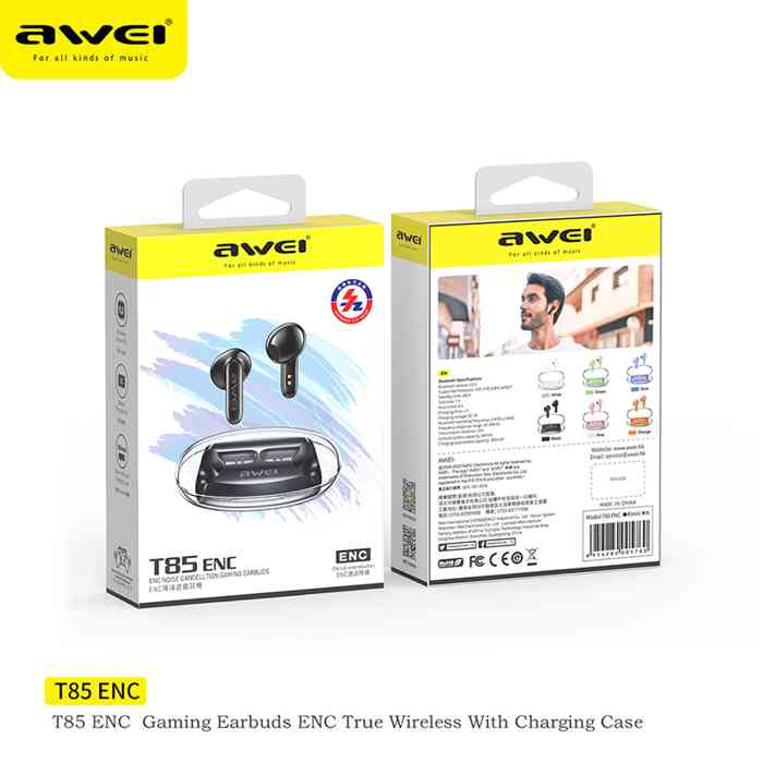 Awei T85 ENC Gaming Bluetooth Earbuds with Transparent Charging Case Long Life Battery